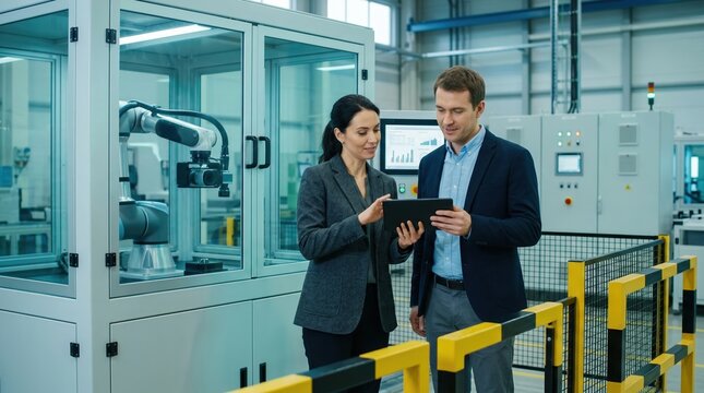 Female quality manager and male business analyst in modern factory