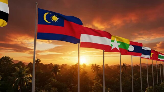 Asean member state flags waving in sunset sky over tropical landscape international diplomacy and cooperation concept