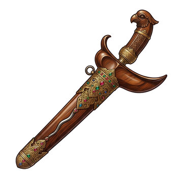 Ornate traditional keris dagger with golden filigree and gemstone embellishments in a wooden sheath