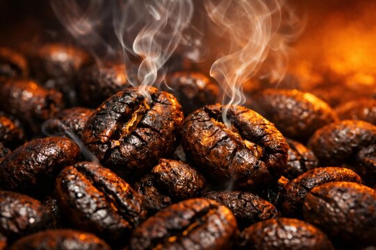 Dark roasted coffee beans are cracking and releasing smoky steam, showing the intense heat and aroma of the roasting process, ideal for showcasing freshness and flavor