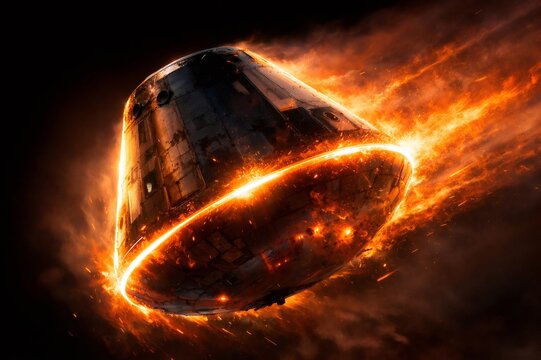 Cargo capsule streaks through Earth's atmosphere at hypersonic speed, heat shield ablaze with plasma and fire as it endures intense friction during re entry mission