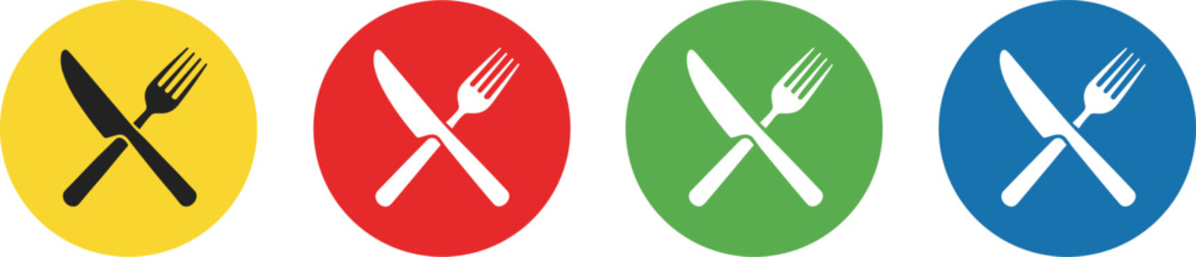 Restaurant dining icon set with crossed knife and fork on colorful circles for food service signage.