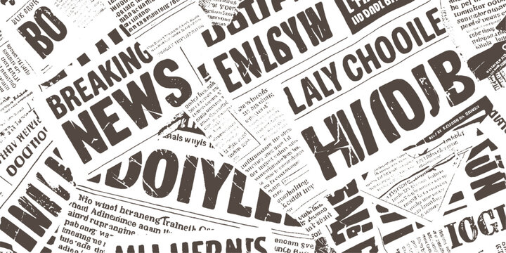 Overlapping newspaper pages with bold headlines and small print in brown and white text