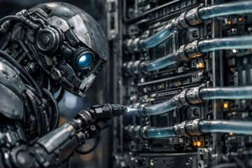 Fototapeta premium Robot technician performing intricate maintenance on a powerful liquid cooled server rack, ensuring optimal data processing and system functionality in a modern computing environment