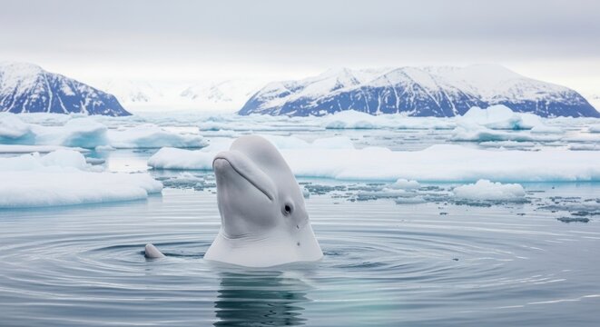 A white whale swims in icy waters with snow-capped mountains in the background.