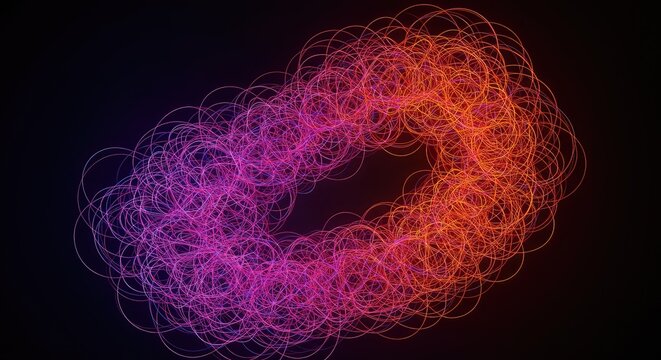 Chaotic tangle of abstract glowing lines representing complex journey, unexpected challenge, and deviation from the standard route, evolution, geometric, process