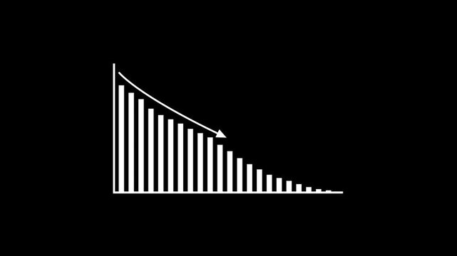 White Bar Graph with Decreasing Bars and Arrow Pointing Downward on Black Background decreasing graph