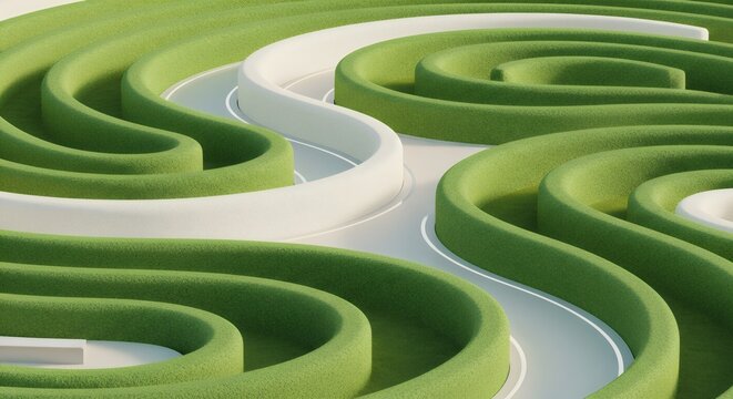 3d vector illustration of a green and white grass maze pattern featuring spiral curves and light blue wave lines in a round geometric concept design
