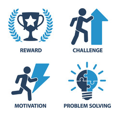 Fototapeta premium Vector image featuring four key elements: reward, challenge, motivation, and problem solving with icons