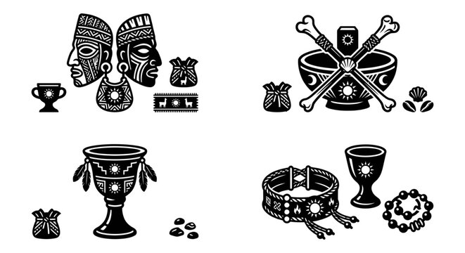 Andean ritual emblem set with sacred fire temple and sun