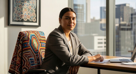 Plakat A professional businesswoman sitting at a desk in a modern office with a city view