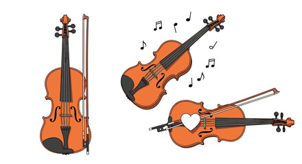 Fototapeta premium Detailed wooden violins illustrated with musical notes and a small white heart on a clean white background