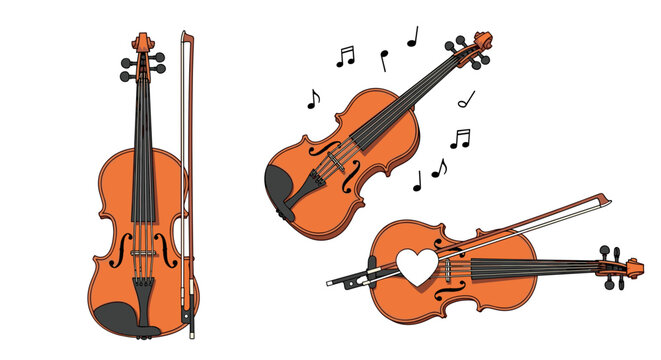 Detailed wooden violins illustrated with musical notes and a small white heart on a clean white background