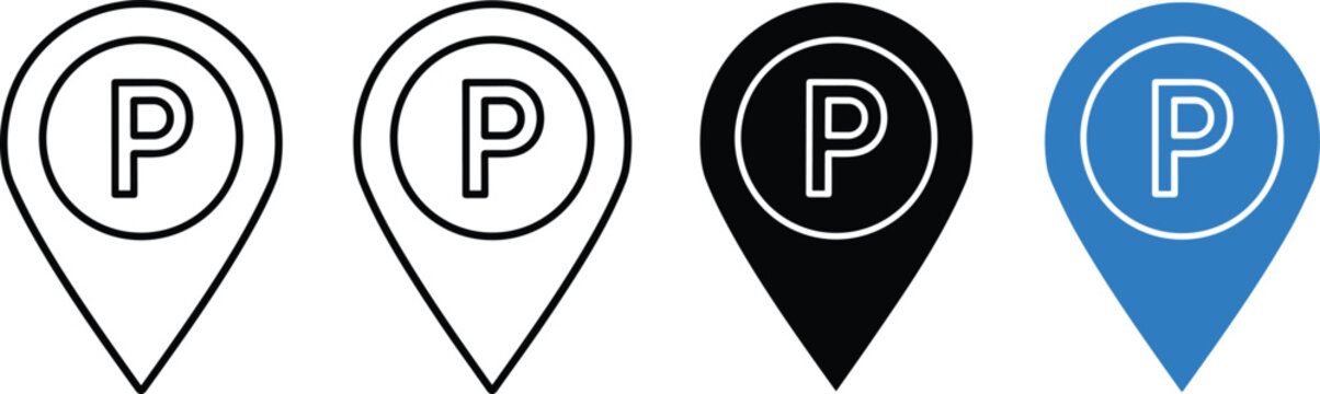 Set of four parking icons isolated on transparent background, parking mark for travel concept.