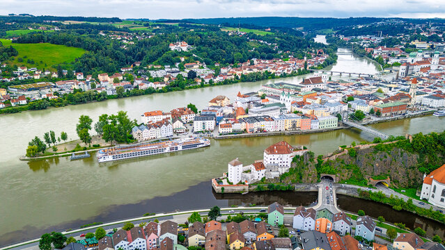 River confluence in the city of Three Rivers Passau with Danube, Inn and Ilz rivers in Bavaria, Germany