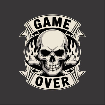 Skull Illustration with Game Over Banner and Flames.