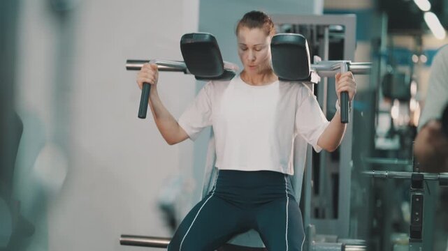 Determined woman training legs on hack squat machine