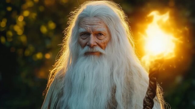 Old magician with long white hair holding a glowing staff in a mystical landscape during twilight hours