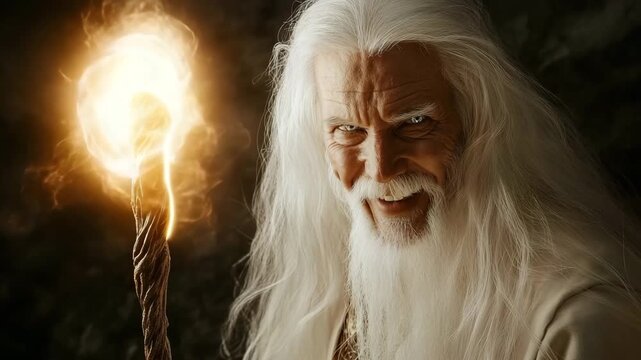 Old magician with long white hair holding a glowing staff in a mystical landscape during twilight hours