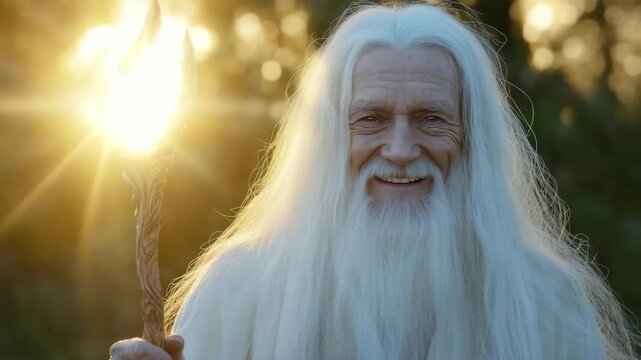 Old magician with long white hair holding a glowing staff in a mystical landscape during twilight hours