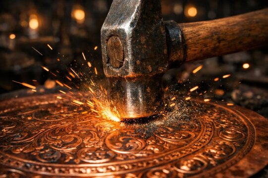 Hammer forging intricate patterns onto a metal plate, igniting a burst of bright orange sparks illustrating traditional craftsmanship and laborious creation