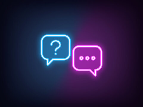 Outline neon live chat, blue magenta. Neon support chat, speech bubbles with question and answer icon. Online help service, assistance chat for client, ask question, user support. Vector