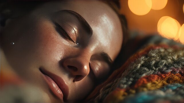 Close-Up of Peaceful Sleeping Person with Warm Candlelight Glow, young woman sleeping