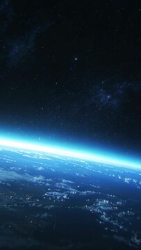 Vertical video: Orbiting night-side Earth from low orbit, showing limb, city lights and moving dots