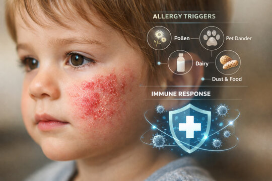 Close up portrait of sad young child with an eczema allergy flare up on face skin. Digital healthcare technology shows triggers and immune system response