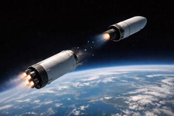 Fototapeta premium Launch vehicle upper stage igniting engine after separating from lower stage, ascending into space above Earth, symbolizing progress, technology, and exploration