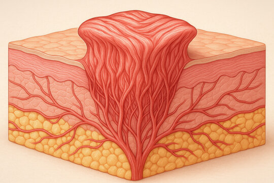 Medical illustration of keloid, protruding scar from excessive collagen deposition. fibrotic dermal remodeling cross section of skin anatomy shows wound healing