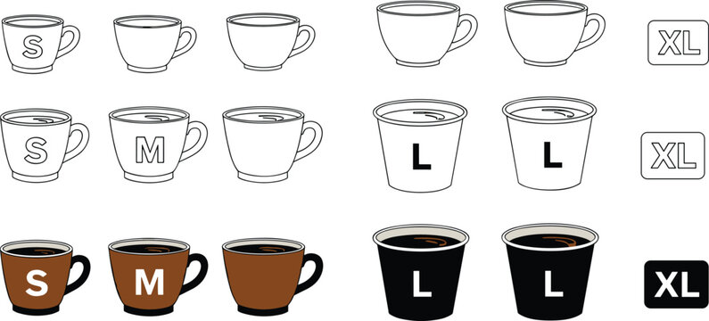 Coffee cup size icons set including small medium large and extra large options for beverage menus.