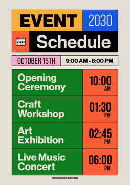 Event schedule timetable poster template design with colorful bento grid modern retro style. Design element for festival and exhibition planning