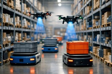 Naklejka premium Autonomous drones are scanning tall shelves while mobile robots transport goods, streamlining logistics and inventory management in a modern, automated warehouse setting