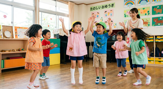 幼稚園で元気にジャンプして遊ぶ園児