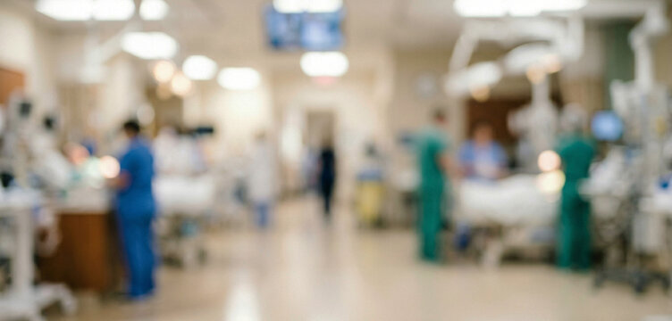 Abstract hospital scene with indistinct figures of medical professionals, bright screens, and equipment arranged along a corridor, creating a sense of activity and clinical efficiency.