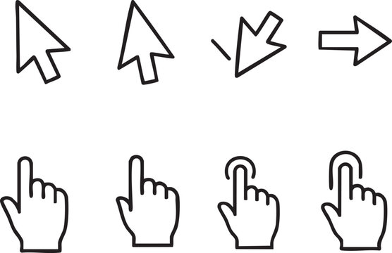 Eight black and white computer mouse cursors on white background mouse pointer arrow