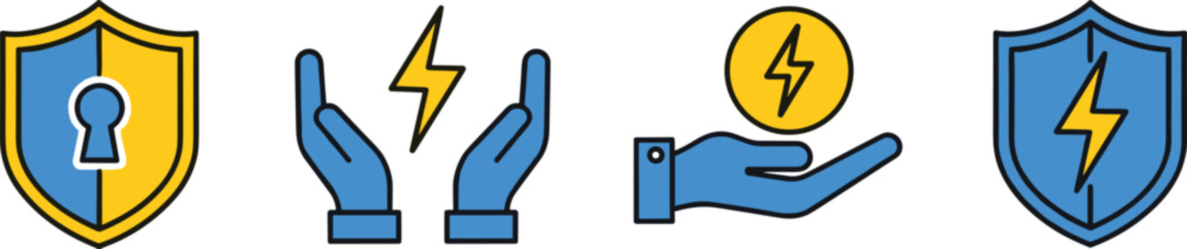 Energy and security icon collection with blue and yellow shields hands and lightning bolt power signs.