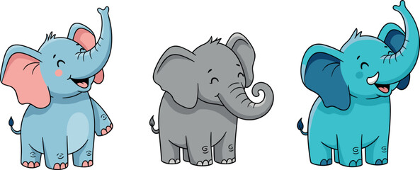 Cute Cartoon Elephant Set with Blue, Pink, and Gray Baby Elephants for Kids' Illustrations and Designs © MdMojnu