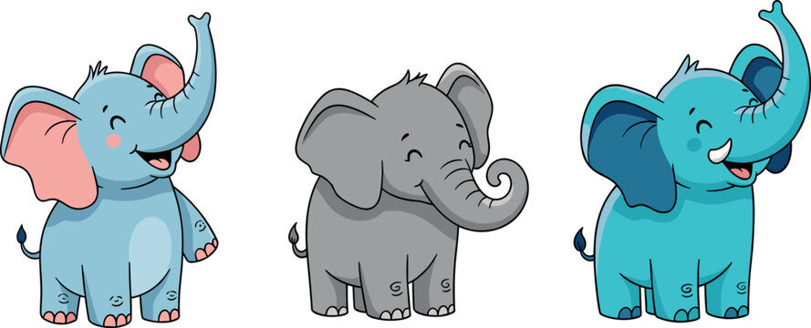Cute Cartoon Elephant Set with Blue, Pink, and Gray Baby Elephants for Kids' Illustrations and Designs