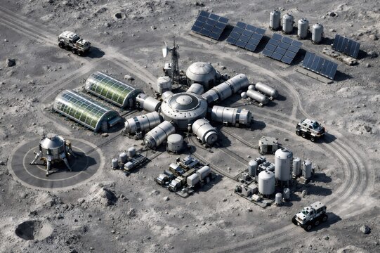 Futuristic moon base featuring habitat modules, greenhouses, solar panels, and specialized vehicles, representing humanity's ongoing space exploration and settlement efforts