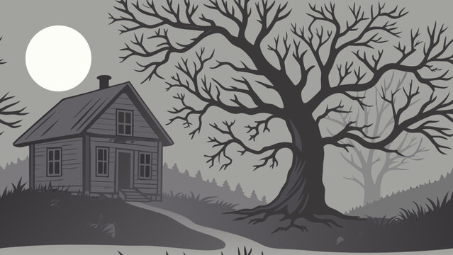 Haunted house, spooky tree, moonlit landscape, vector illustration