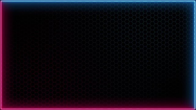 Abstract neon rectangle grid frame with glowing blue and pink colors on black background