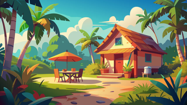Tropical house, cartoon bungalow, palm trees, vacation home, outdoor patio