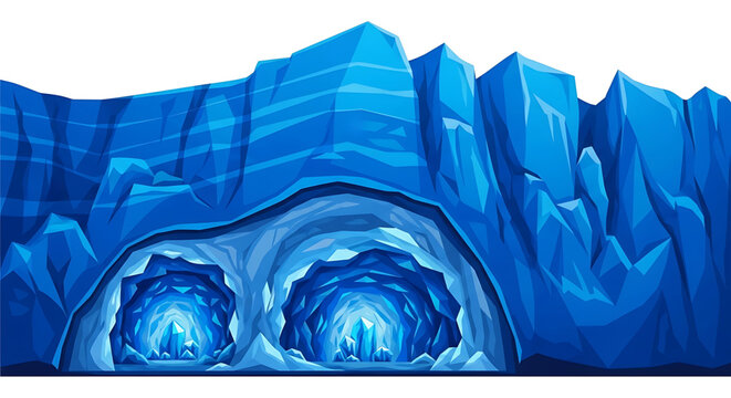 A vibrant blue ice cave with two tunnels and a white background