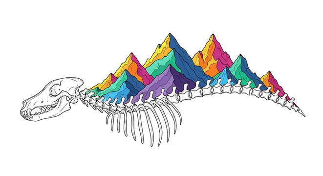A colorful illustration of a dinosaur skeleton with a mountain range in a vibrant, rainbow-colored design