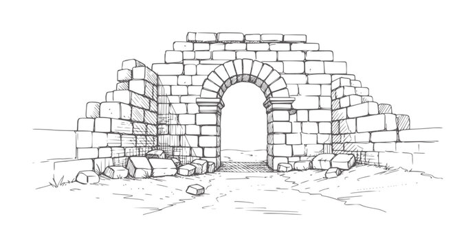Hand drawn of ancient stone archway ruins with scattered rocks architecture