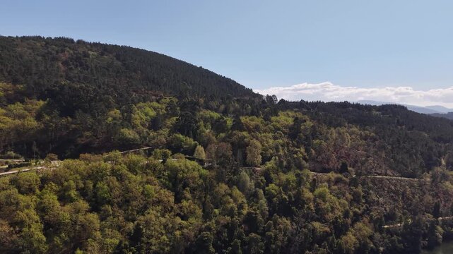 River reflecting a hotel and restaurant building surrounded by a forest in galicia, spain