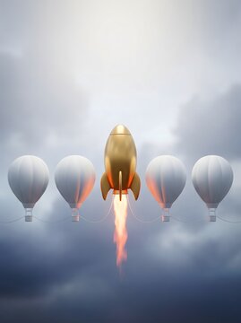 Golden rocket taking off among white hot air balloons, concept of innovation and business growth