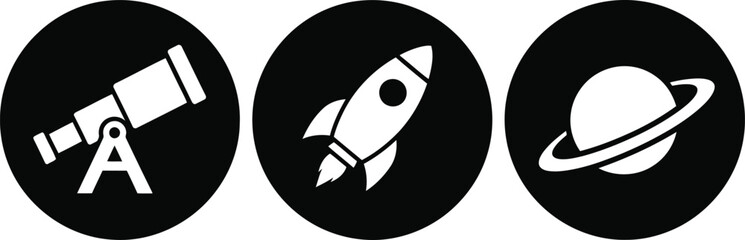 Space Exploration Icons Set with Telescope, Rocket, and Saturn Planet in Black Circular Design © Taslima